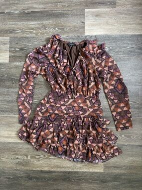Olivaceous Geometric Ruffle Mini Dress Purple Brown Long Sleeve Size M